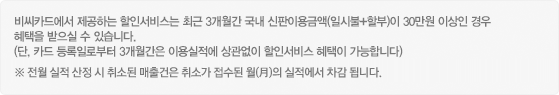 비씨카드에서 제공하는 할인서비스는 최근 3개월간 국내 신판이용금액(일시불+할부)이 30만원 이상인 경우 혜택을 받으실 수 있습니다. (단,카드 등록일로부터 3개월간은 이용실적에 상관없이 할인서비스 혜택이 가능합니다.) ※ 전월 실적 산정 시 취소된 매출건은 취소가 접수된 월(月)의 실적에서 차감 됩니다.
